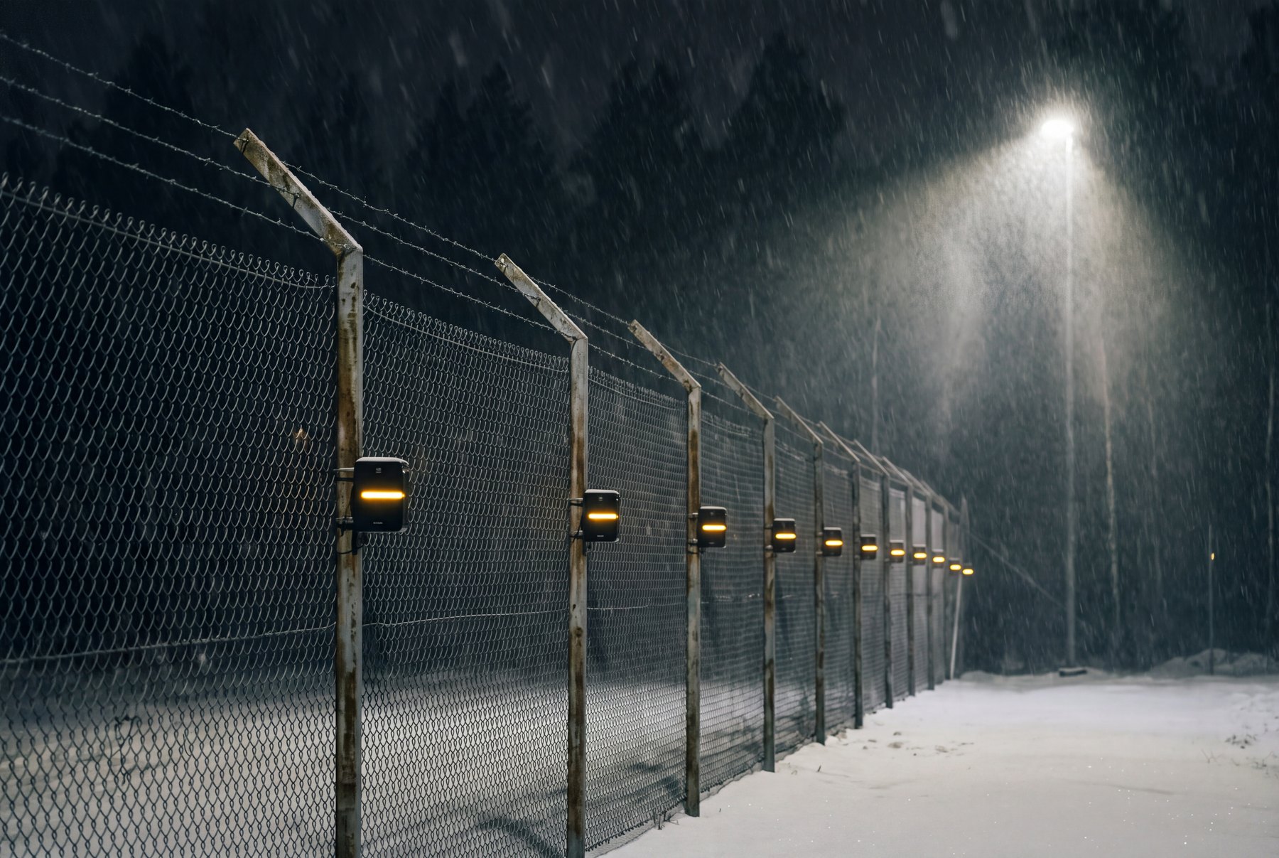 A protected perimeter fence at night in falling snow, sensor lights fading into the dark.